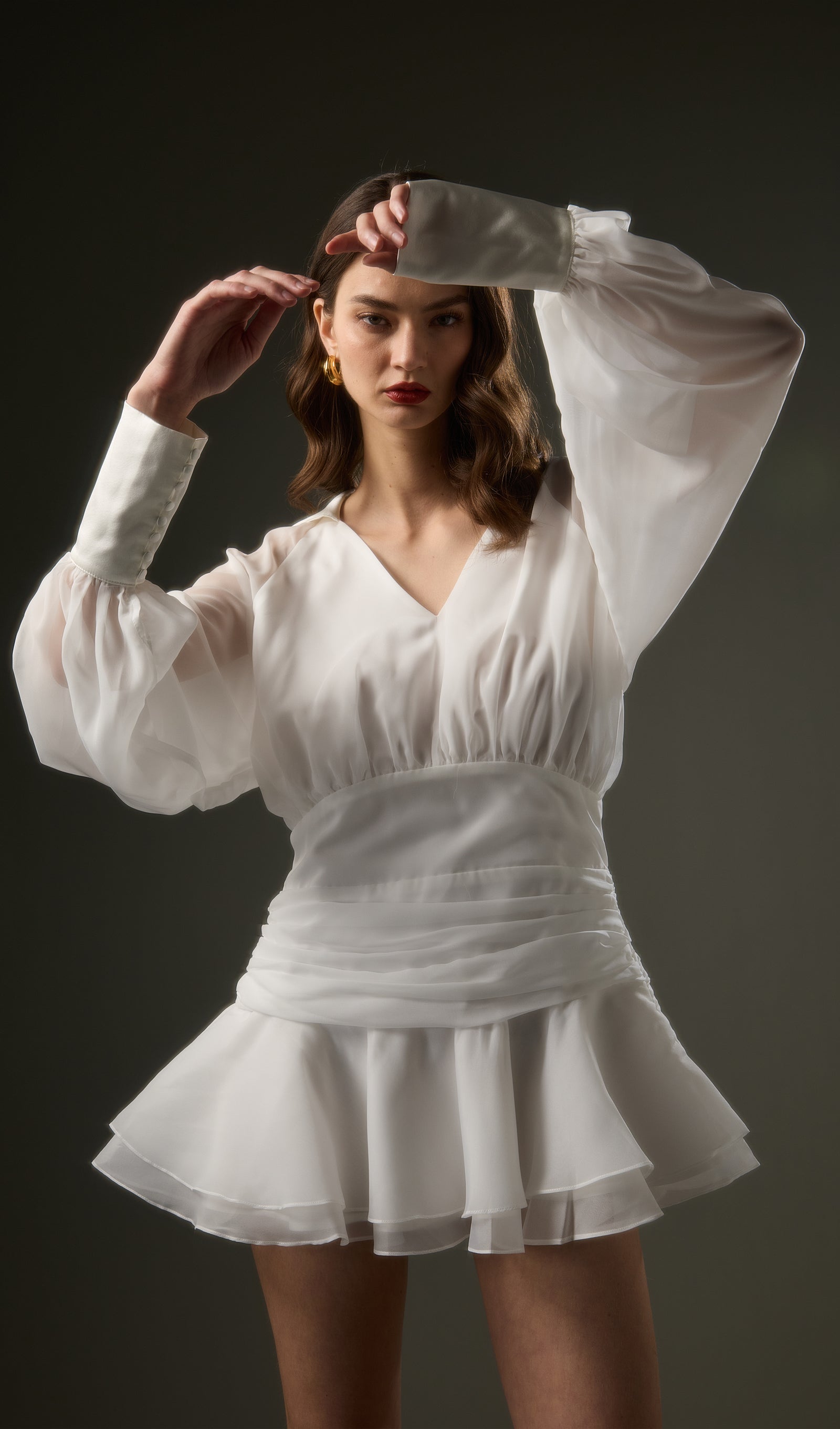 Solid Lantern Sleeve Mini Dress In White