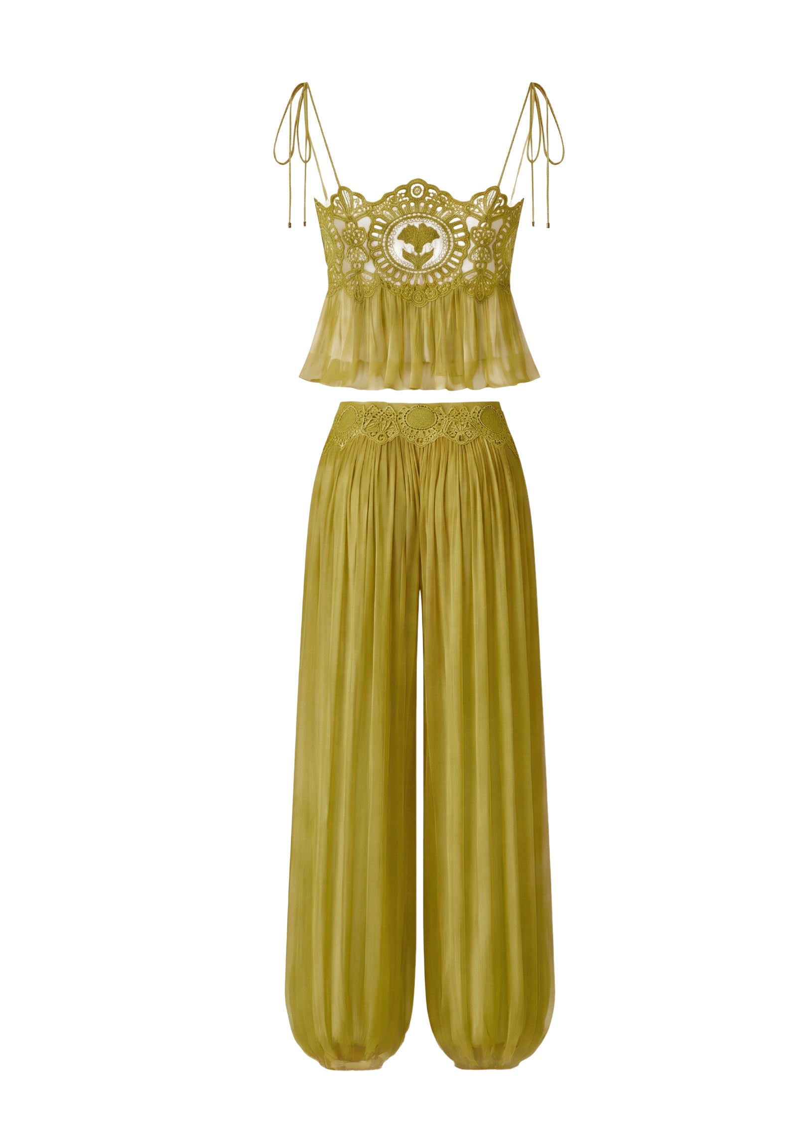 Luenie Chiffon Top & Pant Two Piece Set In Mustard Green
