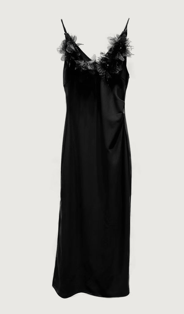 Feather Trim Slip Midi Dress Black