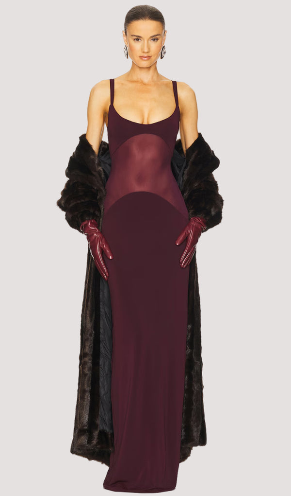 Sheer Knit Curve Maxi Dress In Red