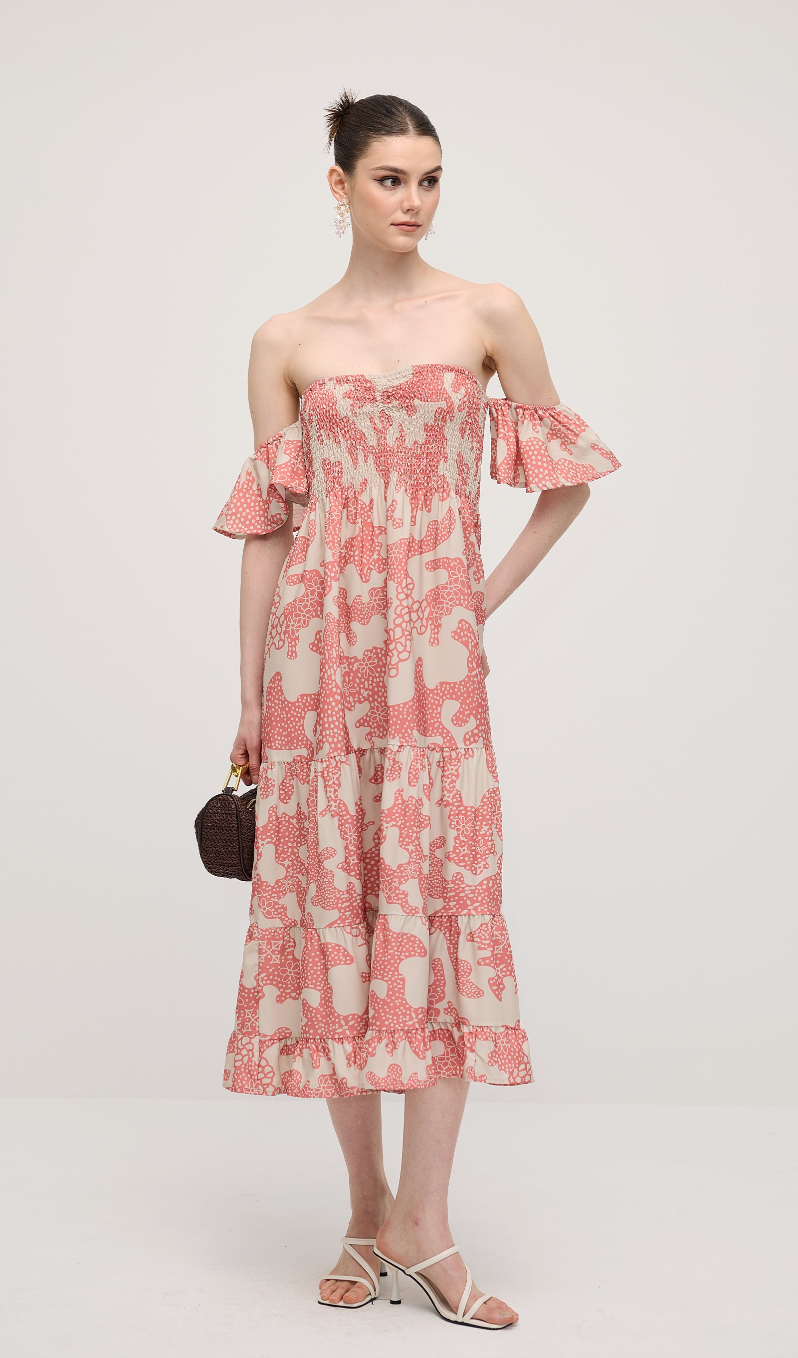 Off Shoulder Smocked Ruffle Printed Midi Dress