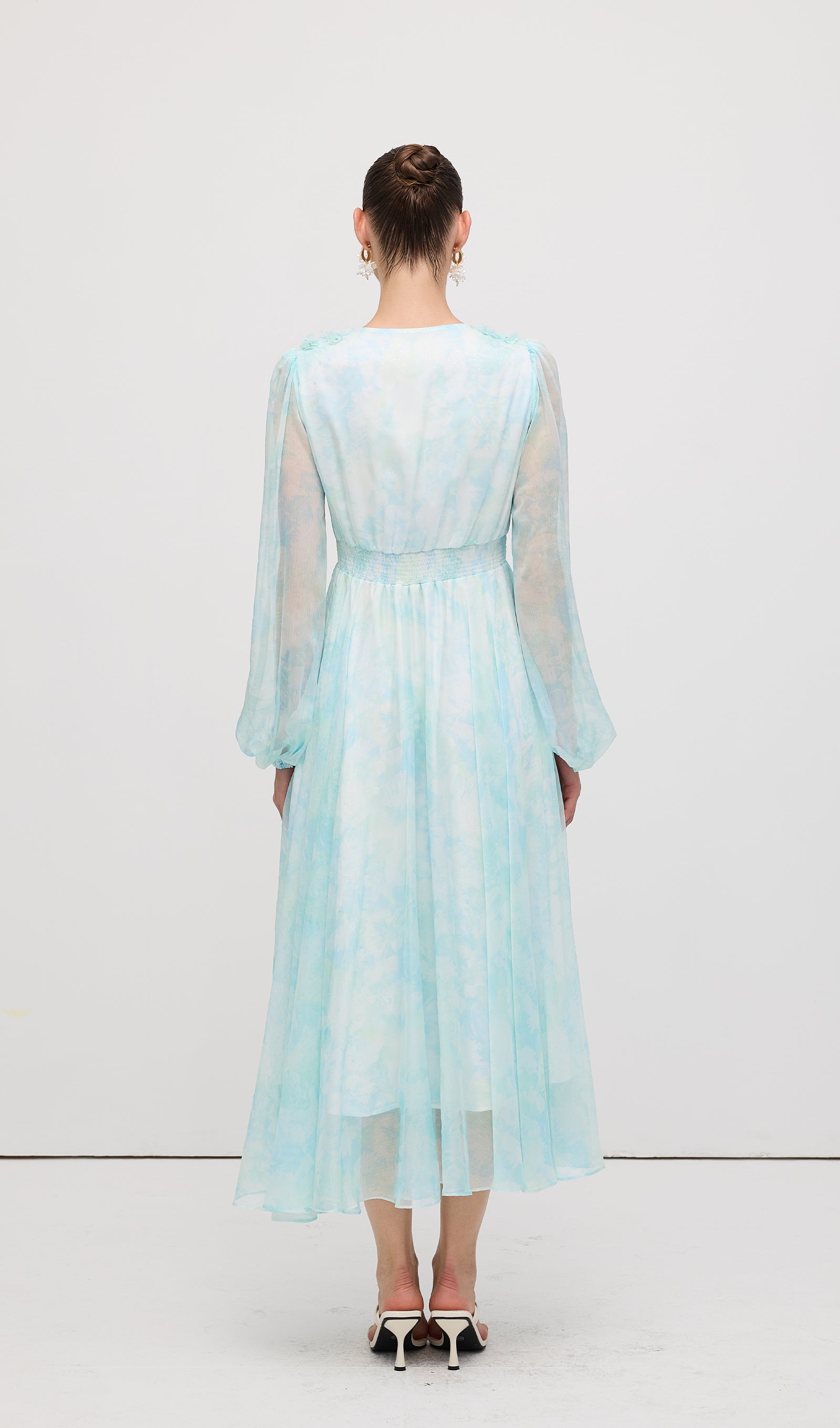 Midikleid in A-Linie mit Blumenmuster und Laternenärmeln