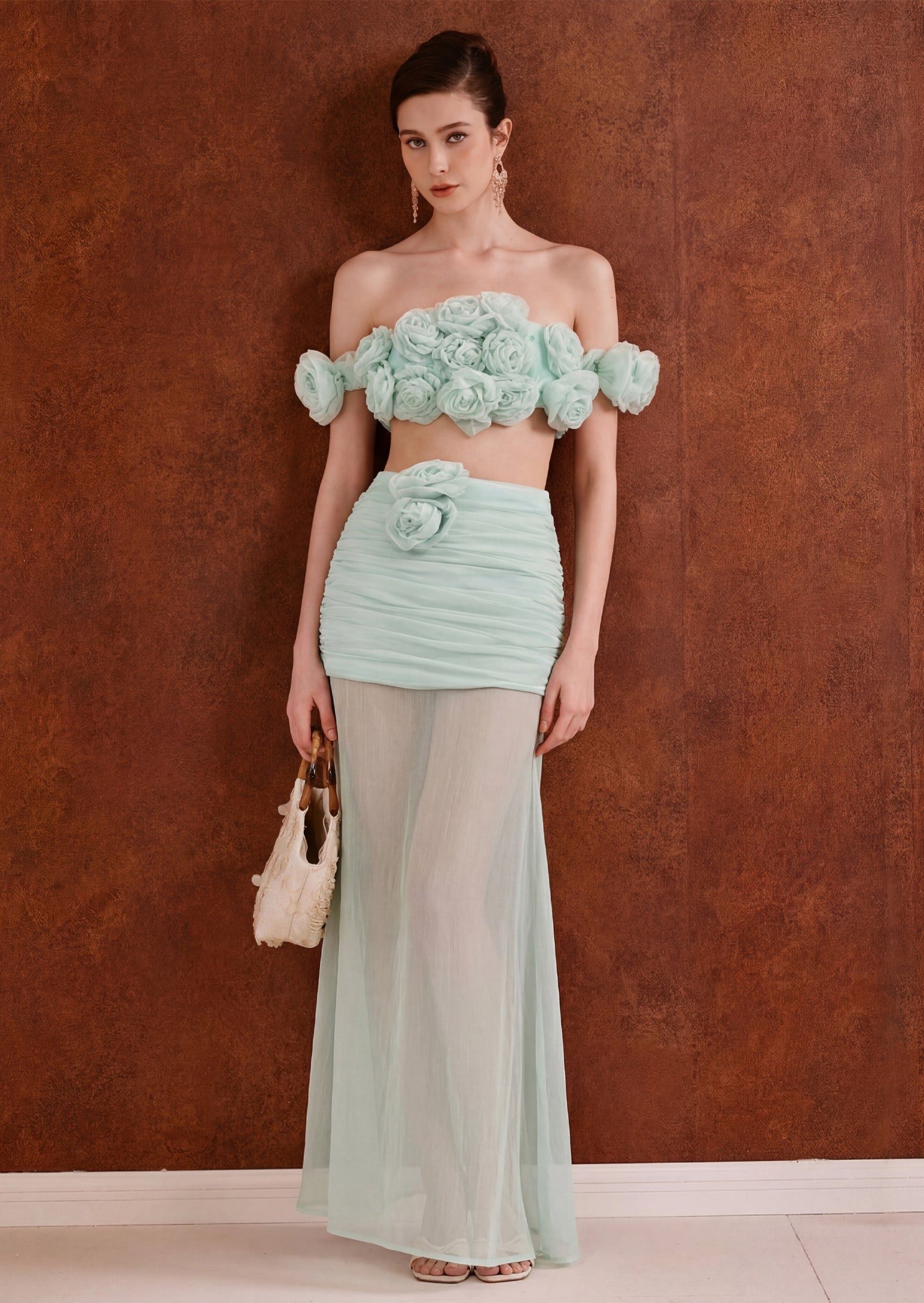 Nouria Flower Top & Sheer Skirt Set In Green