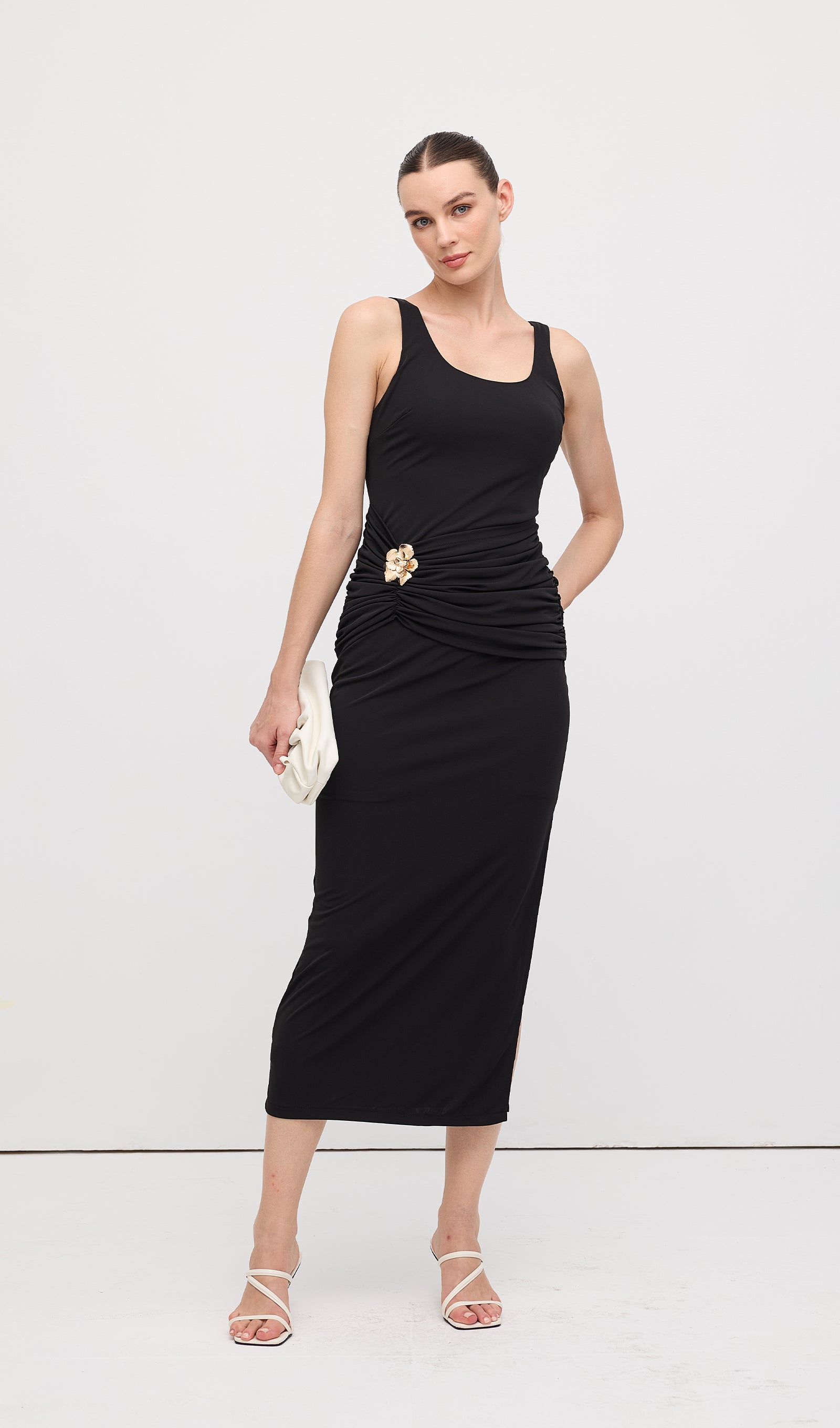 Sleeveless Pleats At Waist Midi Dress