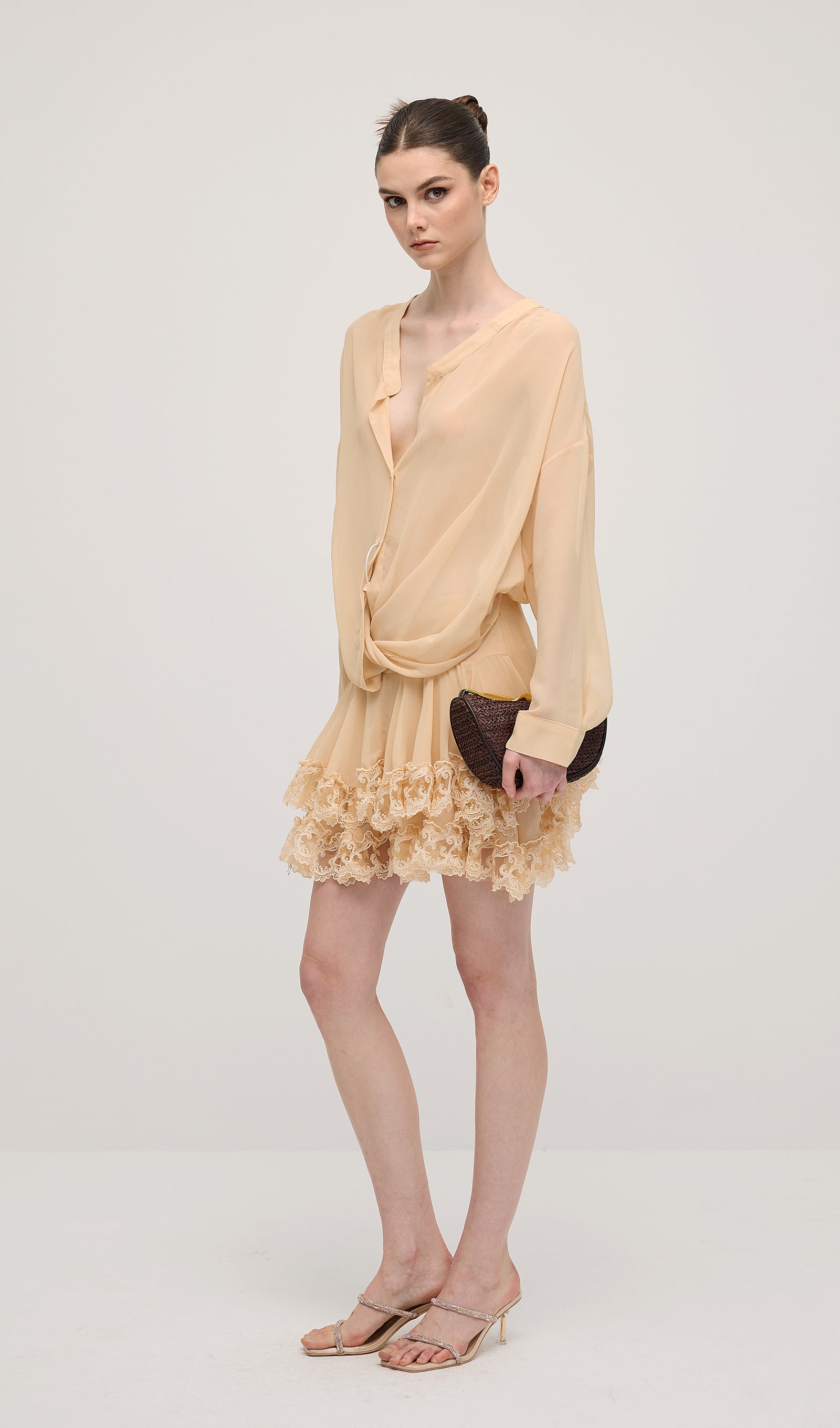Long Sleeves Layered Folds Mini Dress Set