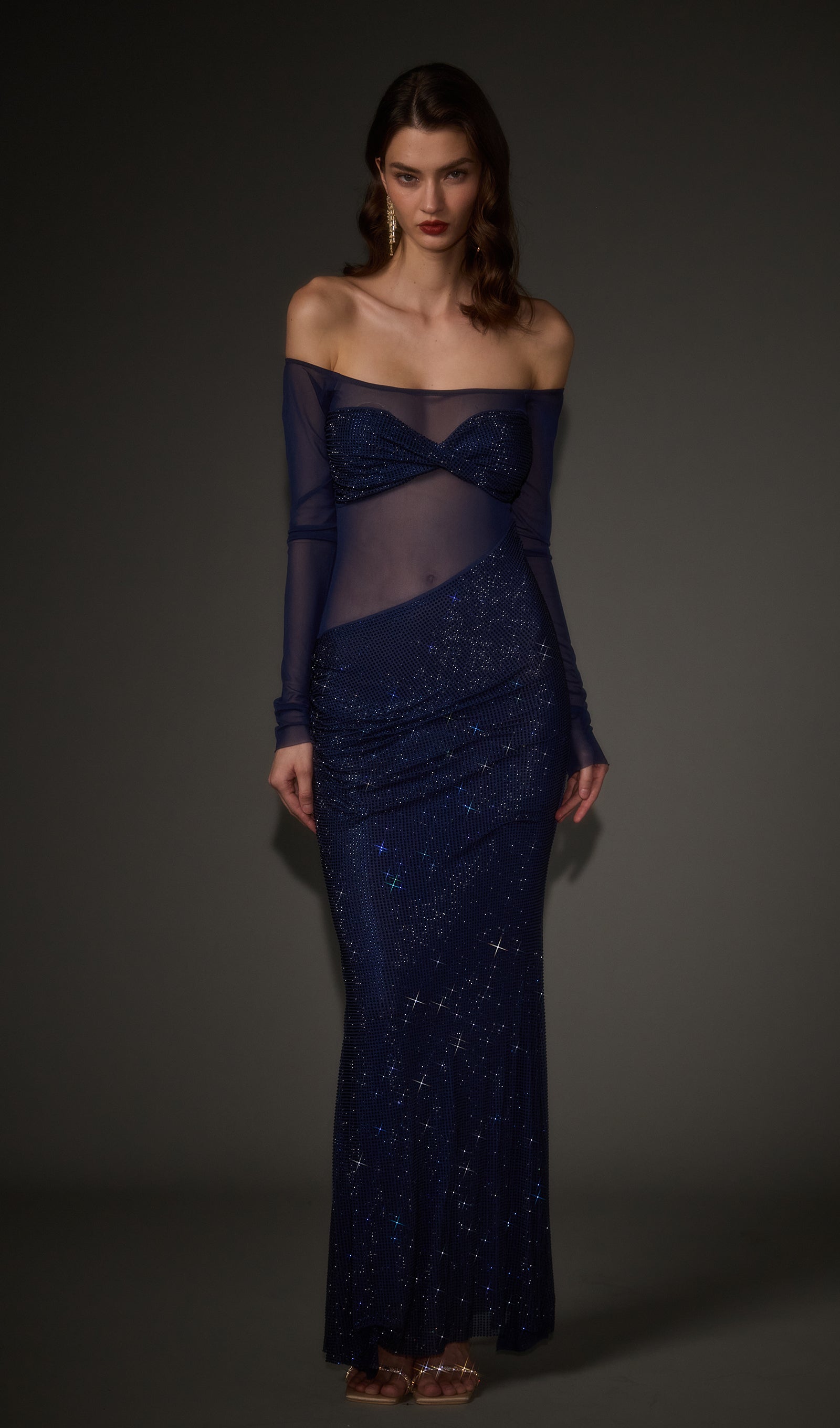 Diamante Off Shoulder Maxi Dress In Navy