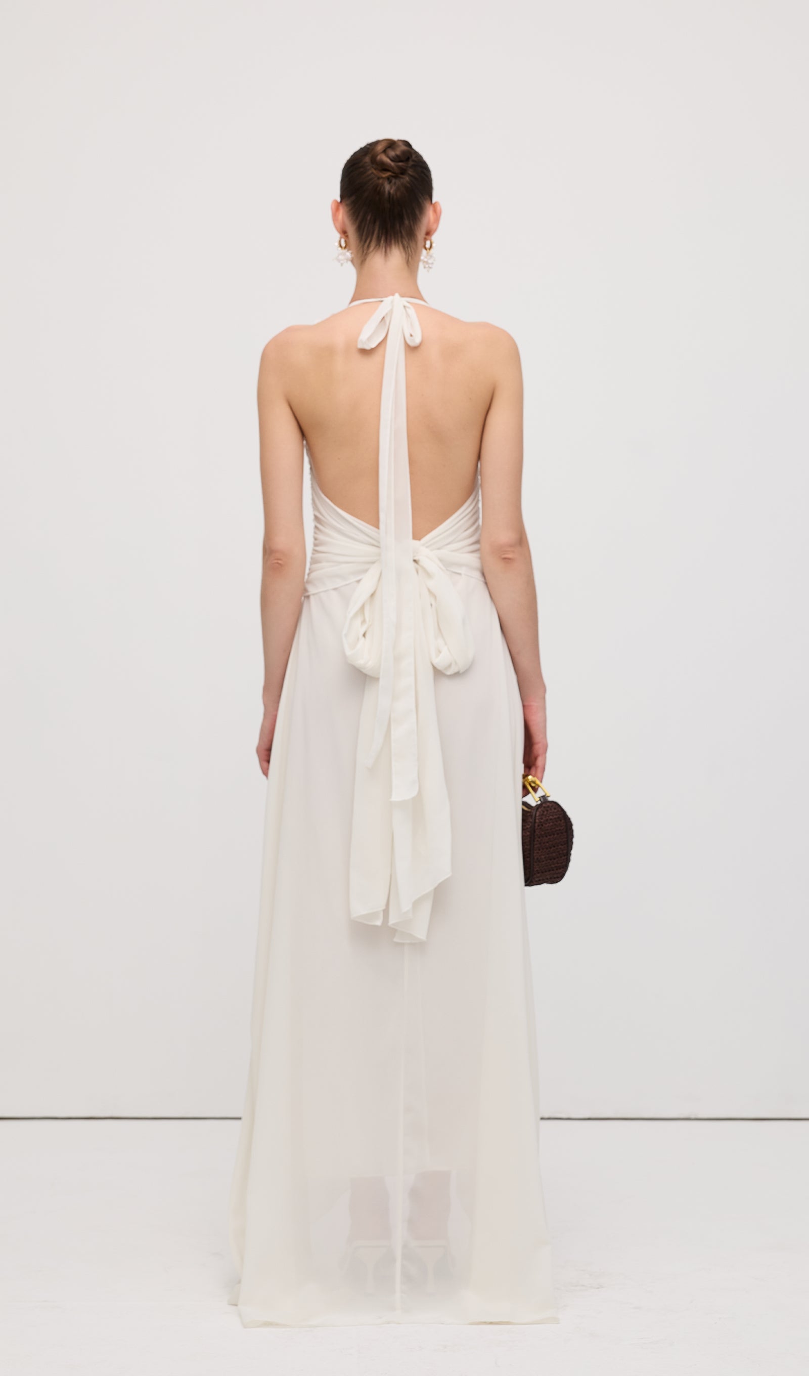 Halter Ruffles Rose Decoration Maxi Dress White