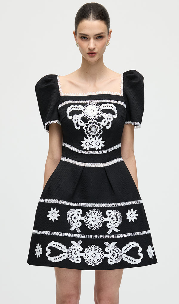 A Line Embroidered Puff Sleeves Mini Dress