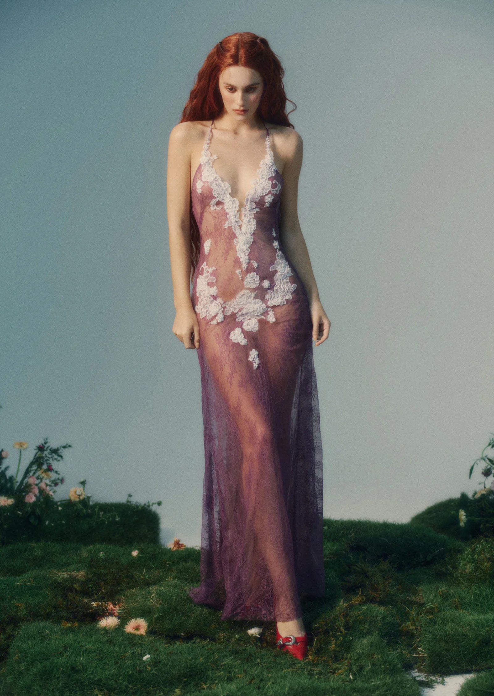 Antheia Sheer Lace Maxi Dress In Light Puple