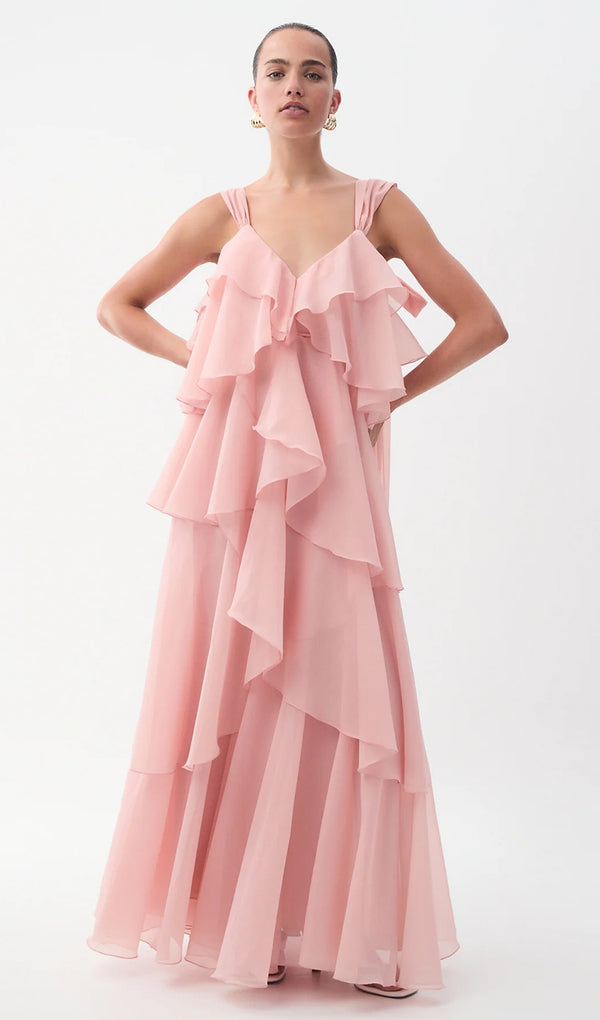 Asymmetric Tiered V Neckline Maxi Dress