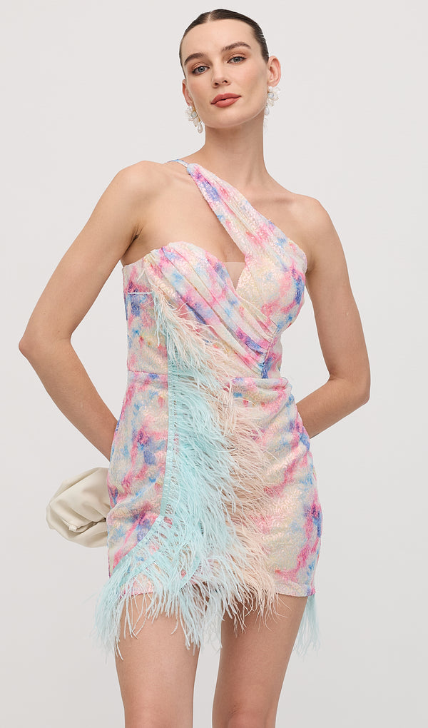 Asymmetric Sequined With Feathers Mini Dress