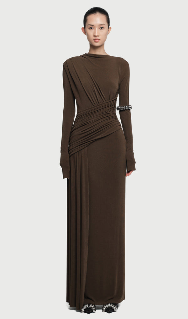 Asymmetrical Maxi Dress With Draped Hip In Brown