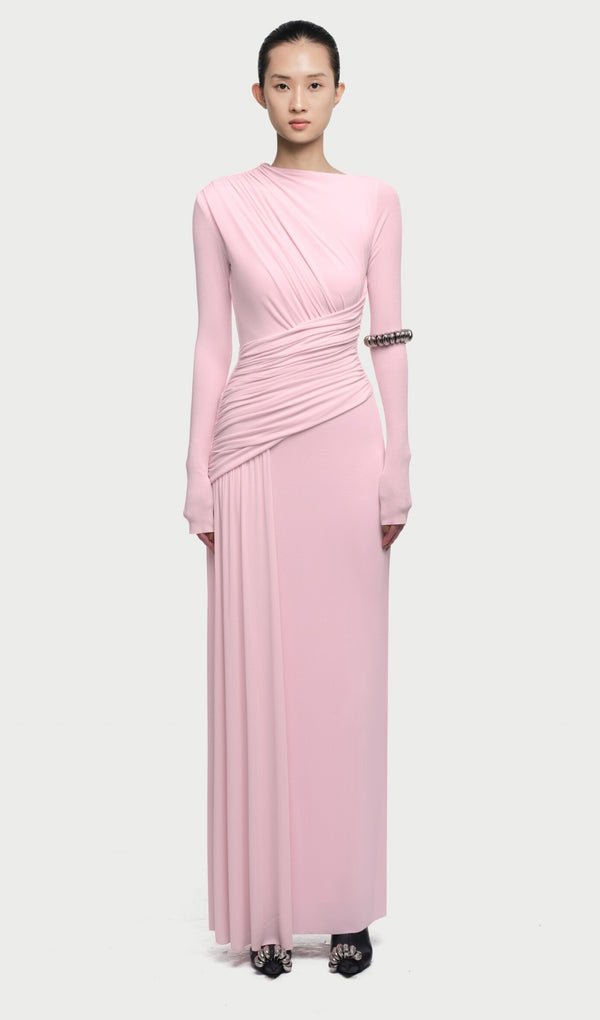 Asymmetrical Maxi Dress With Draped Hip In Pink