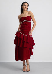 Asymmetrical Ruffled Crystal-Embellished Midi Dress