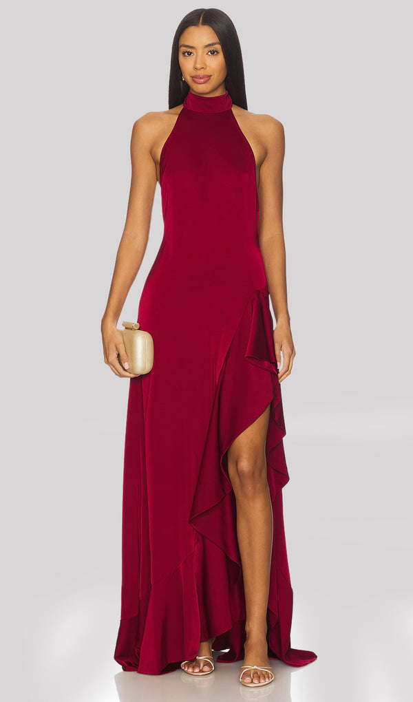Asymmetrical Ruffled Halterneck Slit Maxi Dress