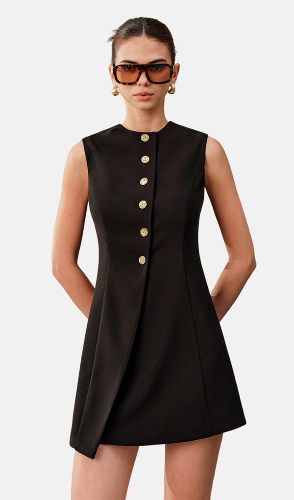 Asymmetrical Tie Back Metal Button Mini Dress