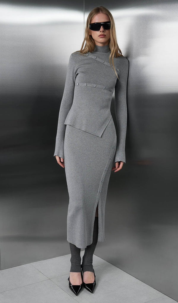 Asymmetrical Top & Maxi Skirt With Side Slit Set Grey