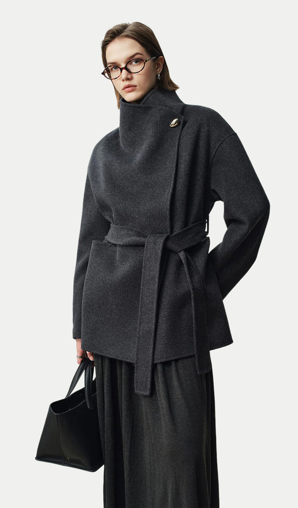 Asymmetrical Woo Cashmere Belted Coat In Grey