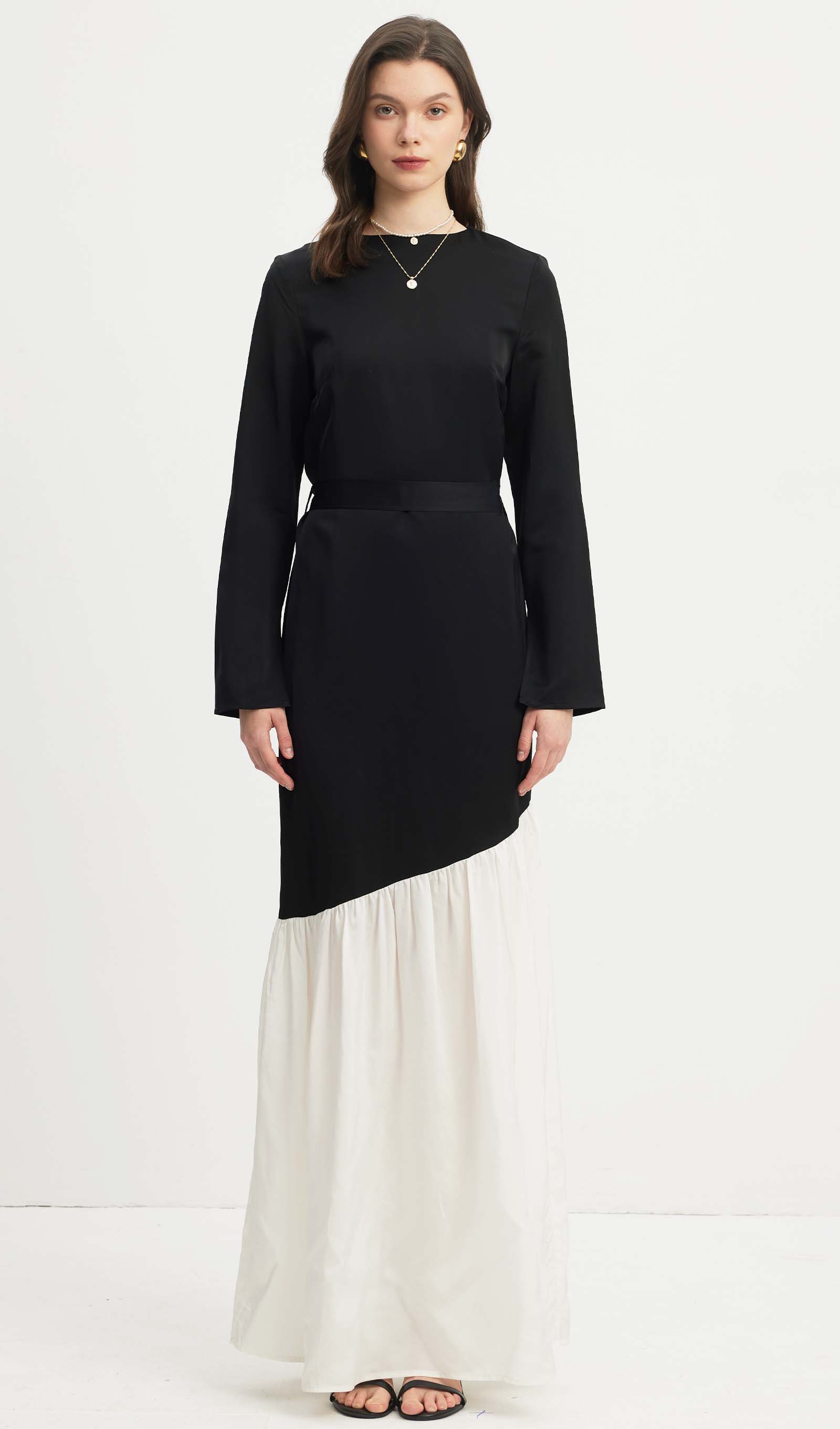 Asymmetrical Black/White Colorblock Maxi Dress