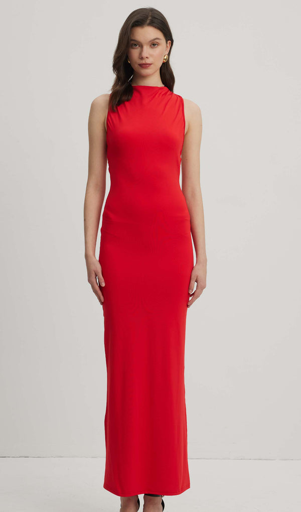 Asymmetrical Scuba Jersey Maxi Dress Ruby