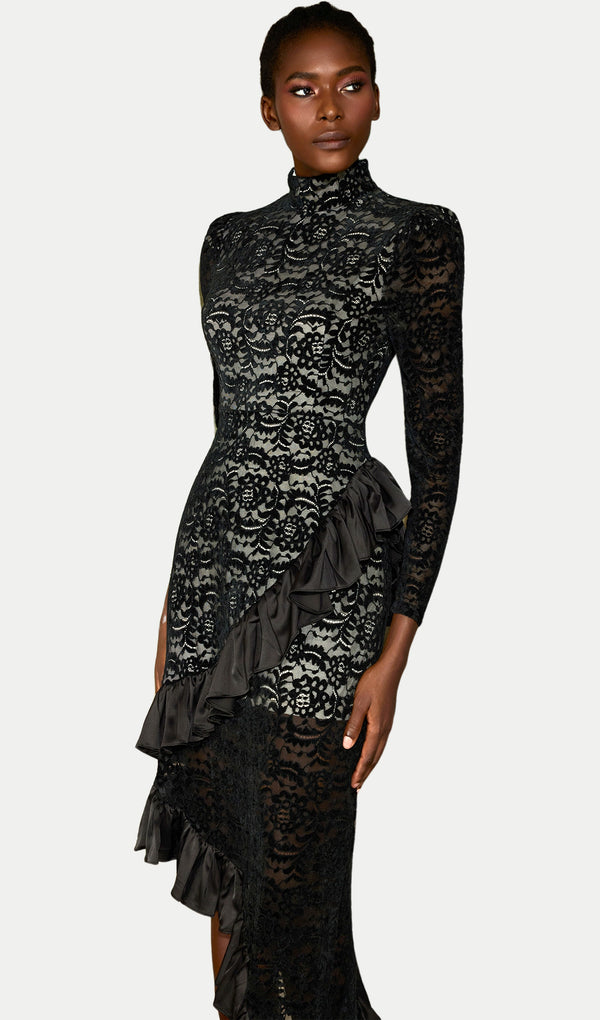 Asymmetry Lace Ruffled Long Sleeve Midi Dress