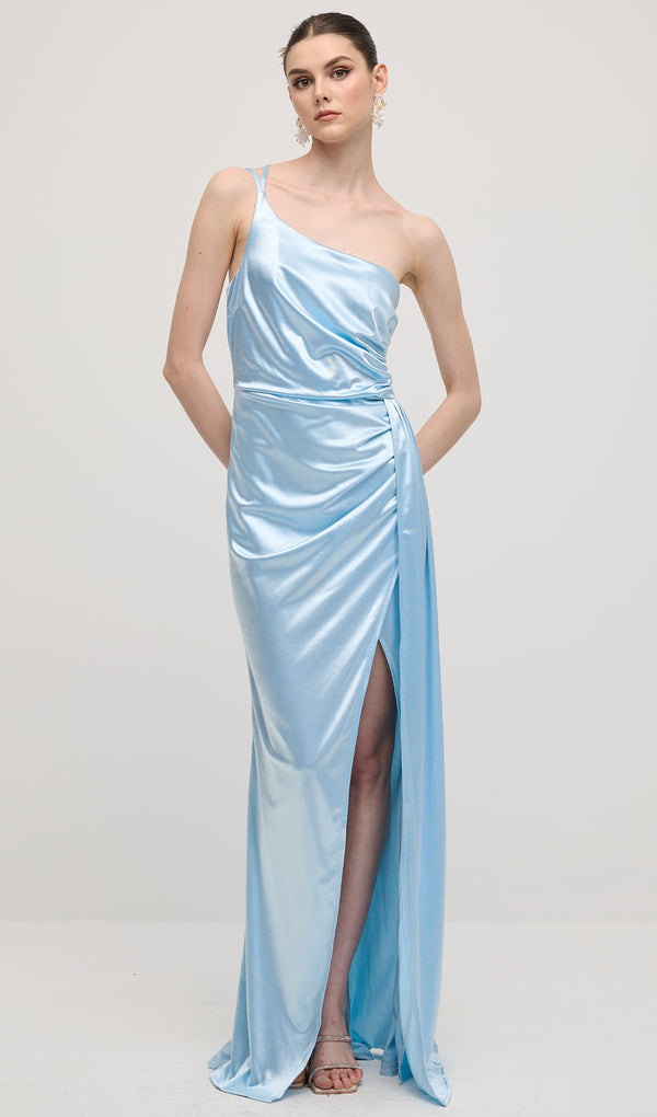 Asymmetry Satin Slit Maxi Dress In Blue