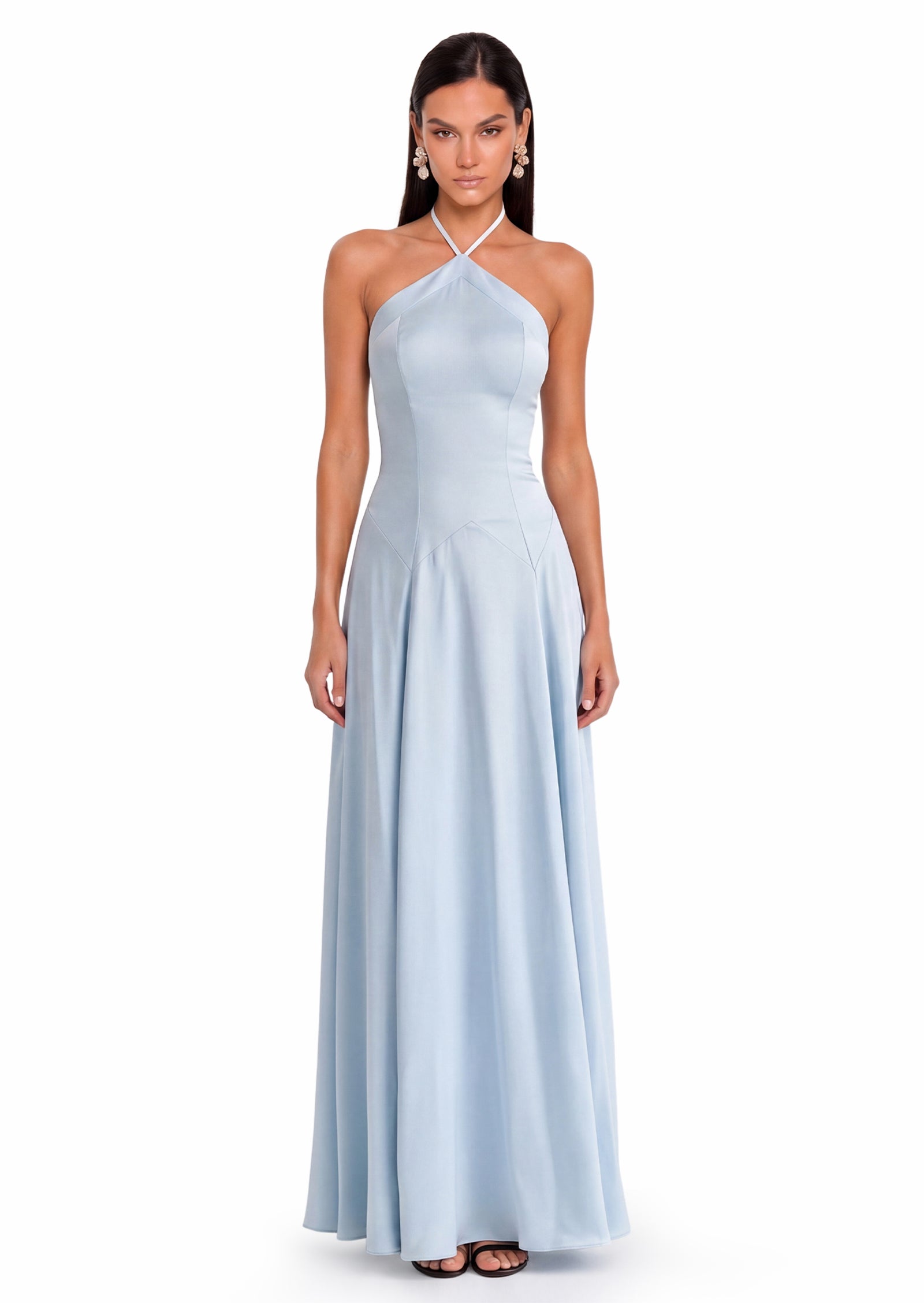 Avelina Halter Satin Maxi Dress In Baby Blue