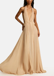 Backless Deep V Halter Neck Maxi Dress
