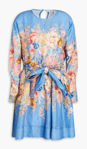 Belted Floral Print Linen Mini Dress