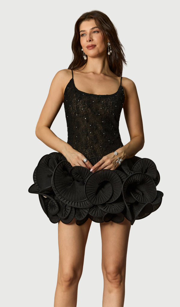 Black 3D Floral Embellished Lace Mini Dress