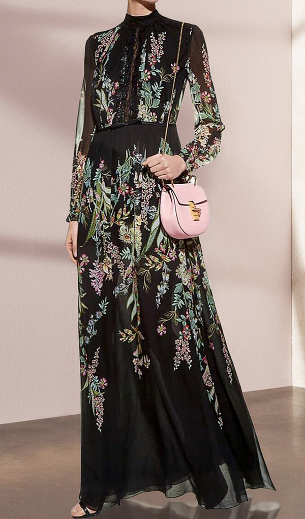 Lace Floral Fit and Flare Maxi Dress Black