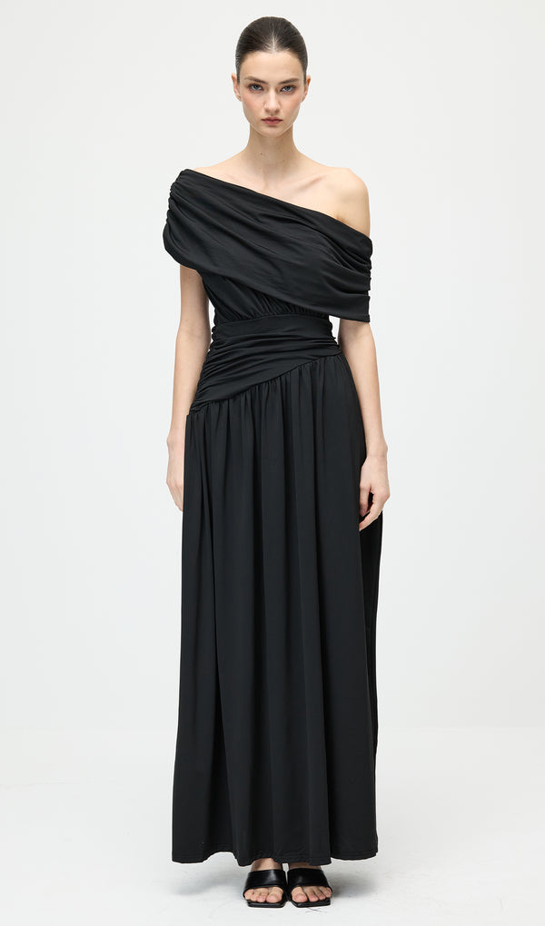 Black Off Shoulder Pleated Maxi Dress