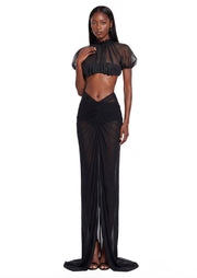 Qadir Sheer Top & Stretch Mesh Skirt Set In Black