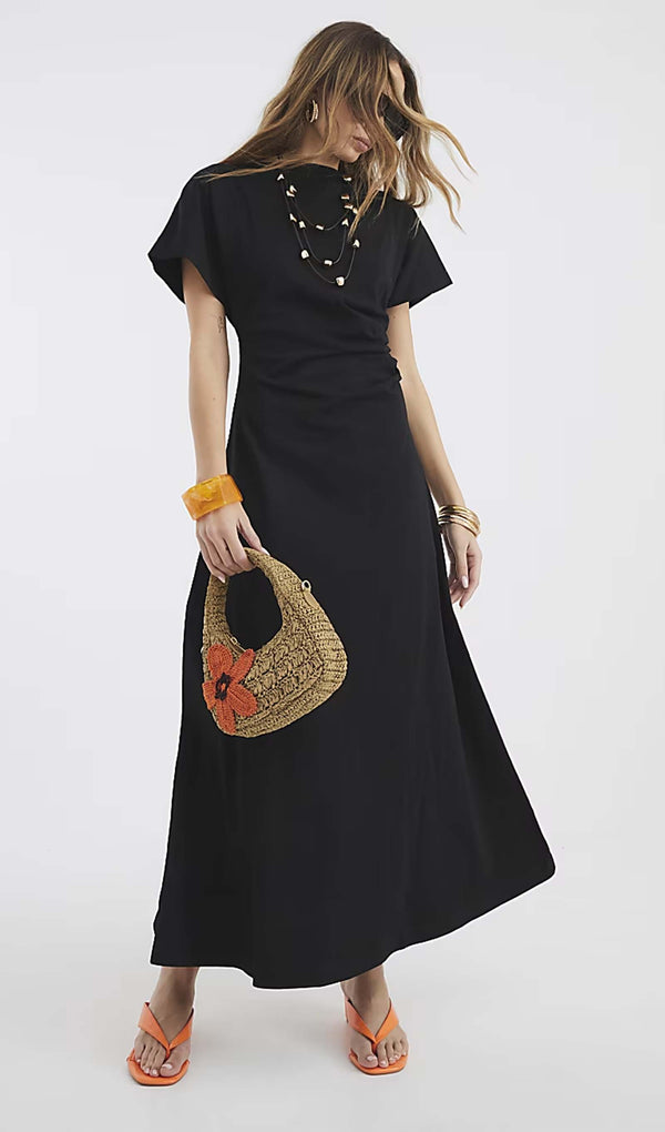 Black Short Sleeve Drape Side Midi Dress