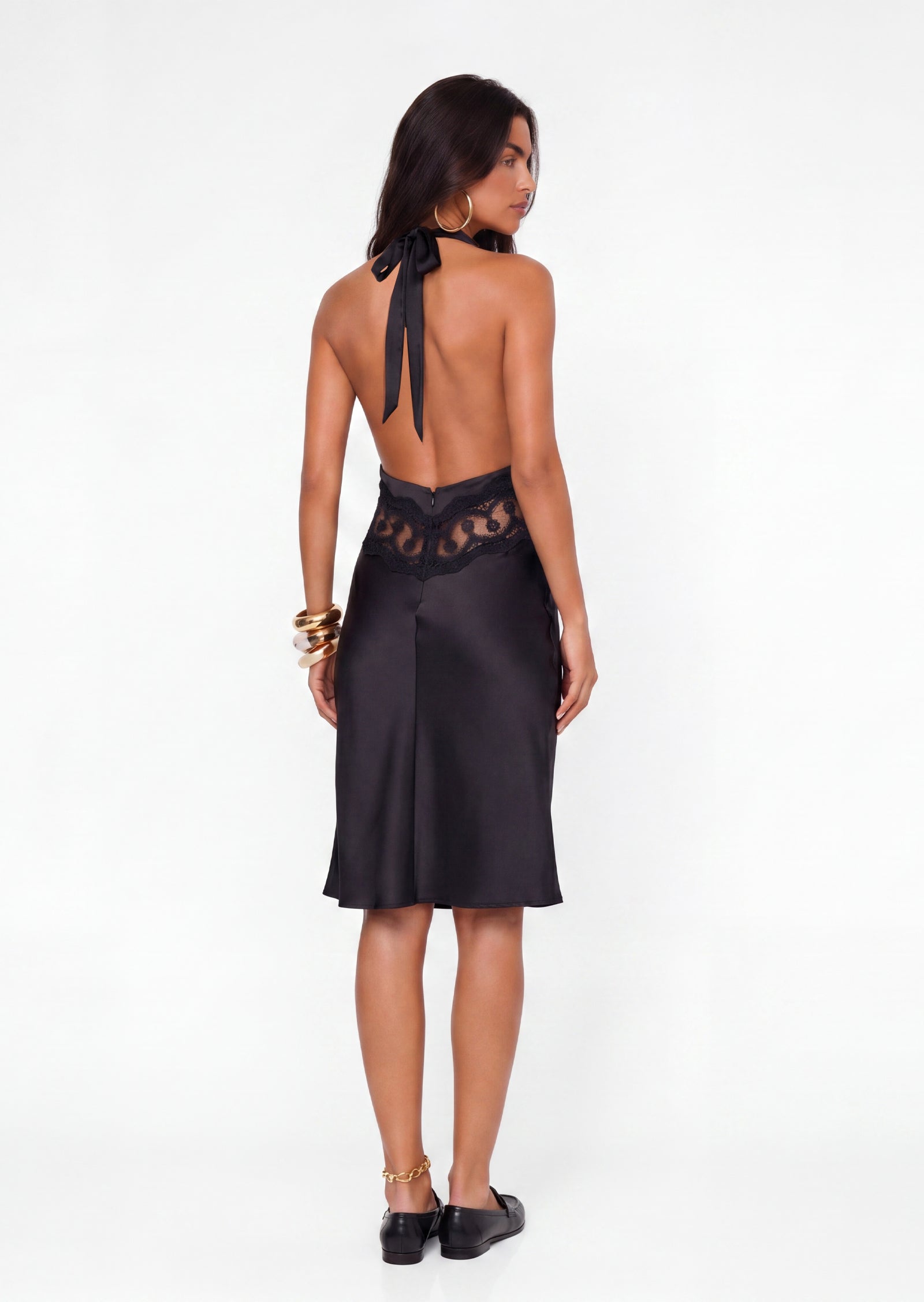 Fanta Satin Midi Dress With Lace In Black