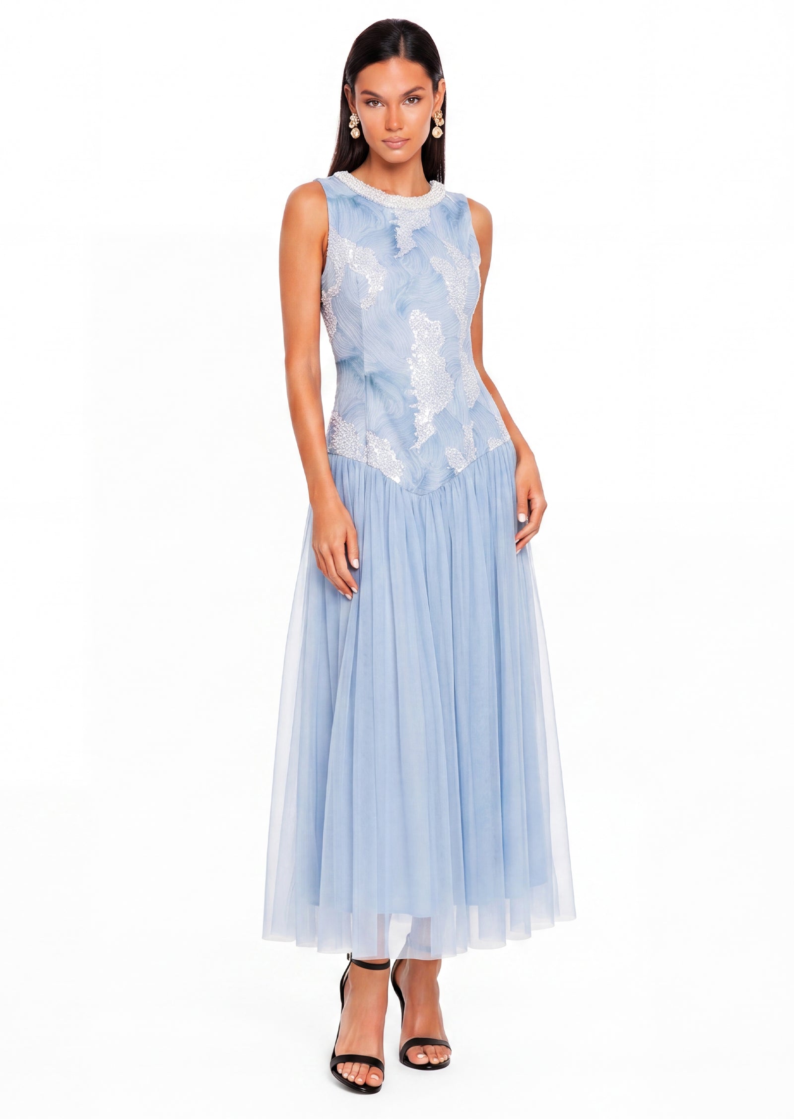 Riley Sleeveless Beaded Midi Dress In Blue
