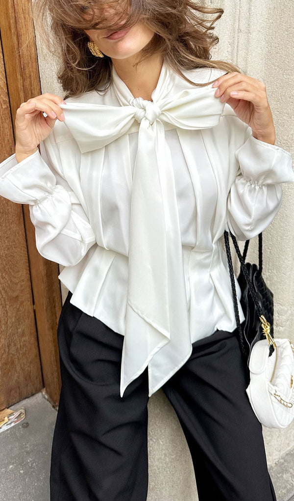 Bow-Tie Fitted Waist Bell Sleeve Shirt