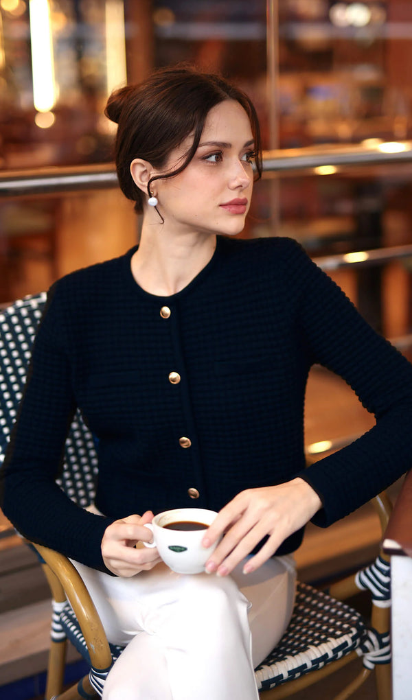 Button Down Knit Jacket In Navy