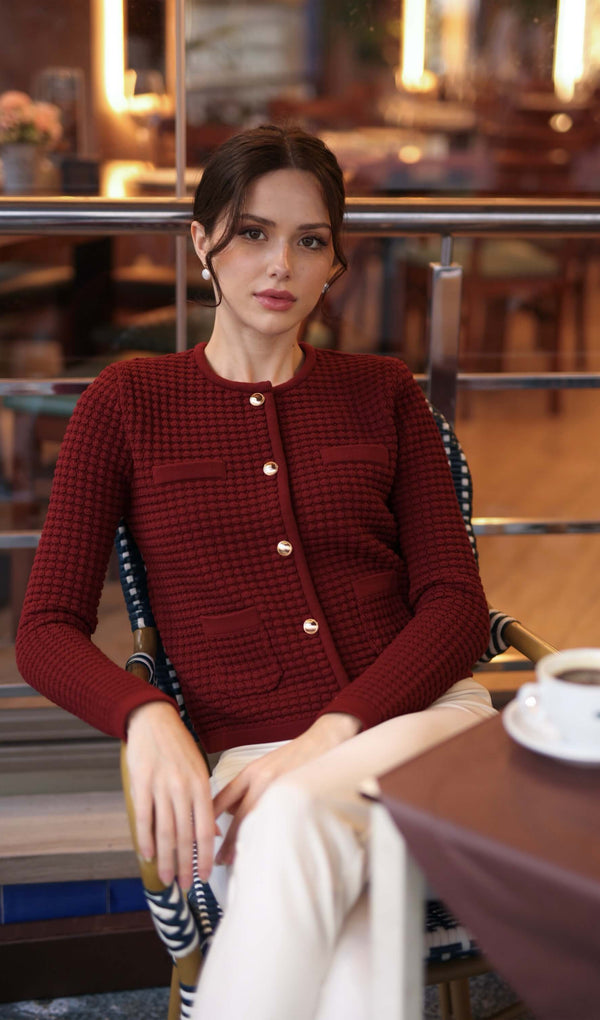 Button Down Knit Jacket In Red