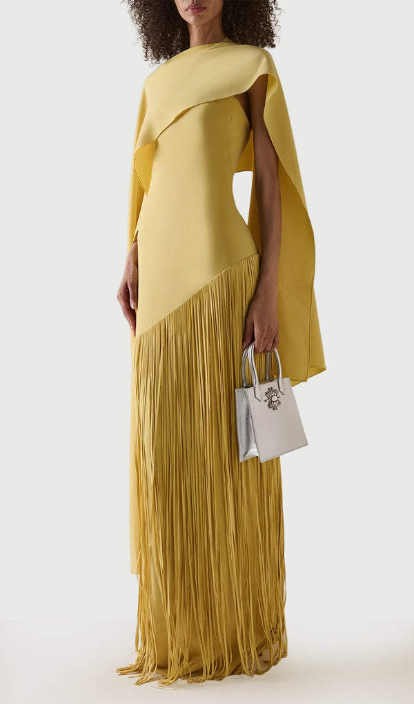 Cape Detailed Fringed Gown