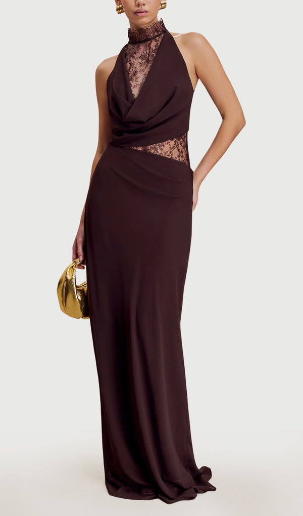 Chiffon And Lace Halter Maxi Dress In Brown