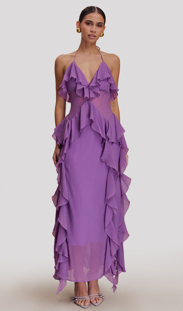 Chiffon Ruffle Midi Dress In Purple