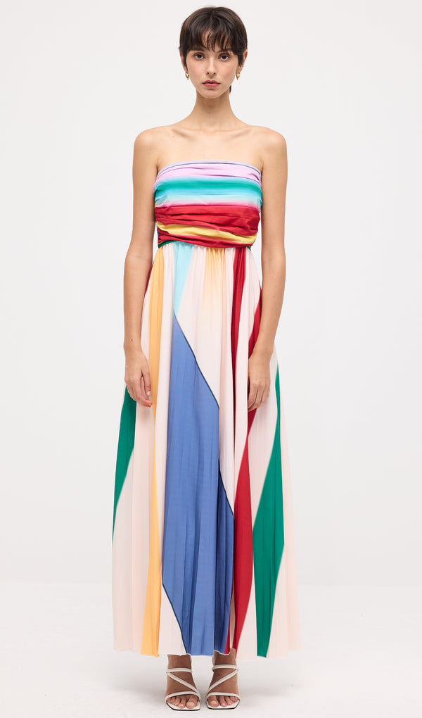 Color Block Pleated Strapless A Line Maxi Dress