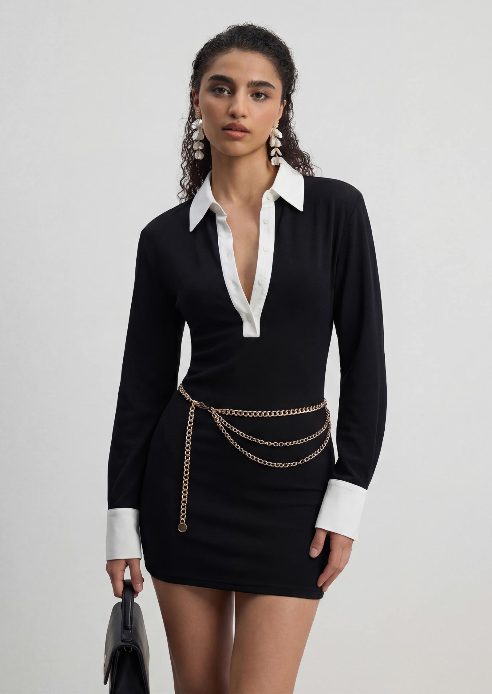 Contrast Collar Button Long Sleeve Mini Dress