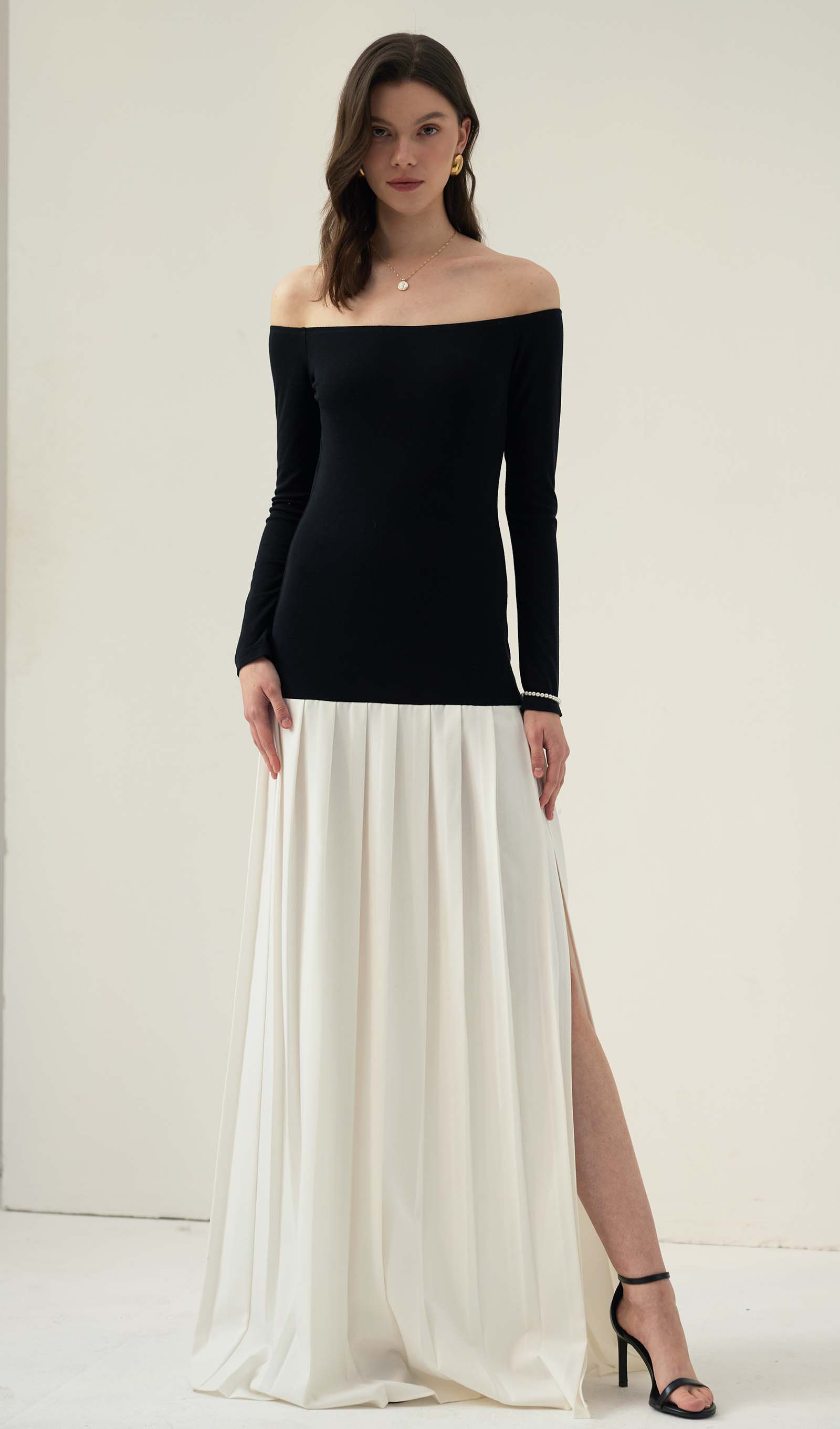 Contrast Knit Off Shoulder Maxi Dress