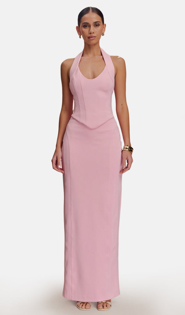 Corset Halter Top & Maxi Skirt Sets In Candy Pink