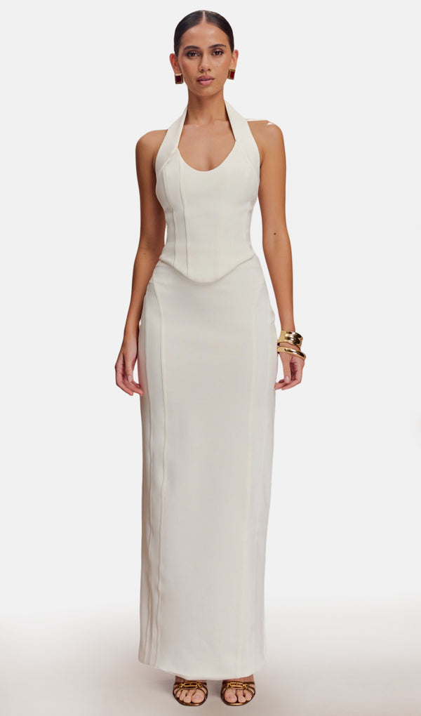 Corset Halter Top & Maxi Skirt Sets In White