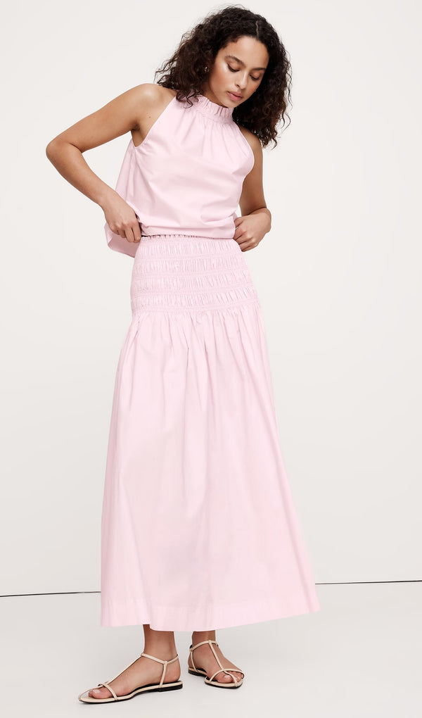 Cotton Ruche Neck Top & Midi Skirt Sets In Pink