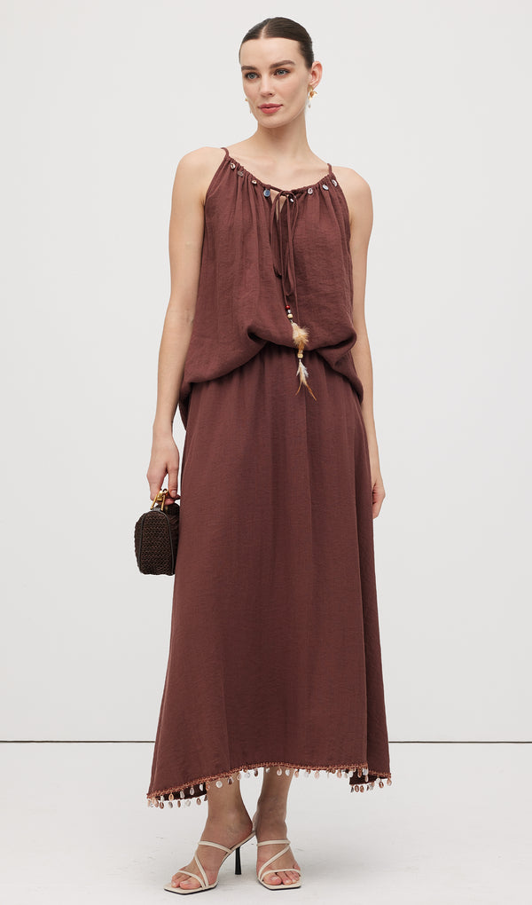 Cotton And Linen Lace Up Midi Skirt Sets