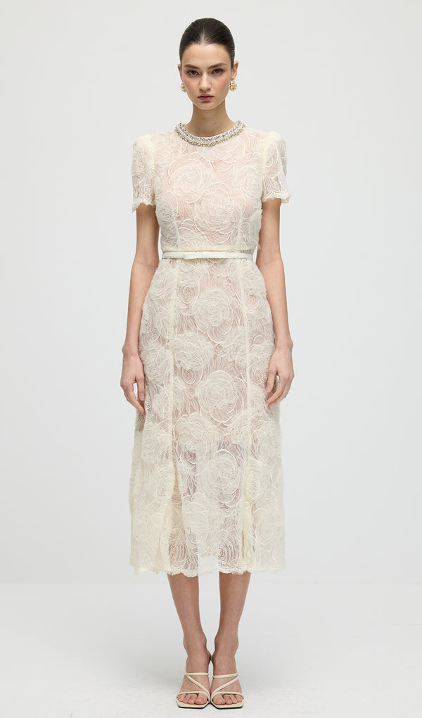 Cream Tulle Lace Midi Dress